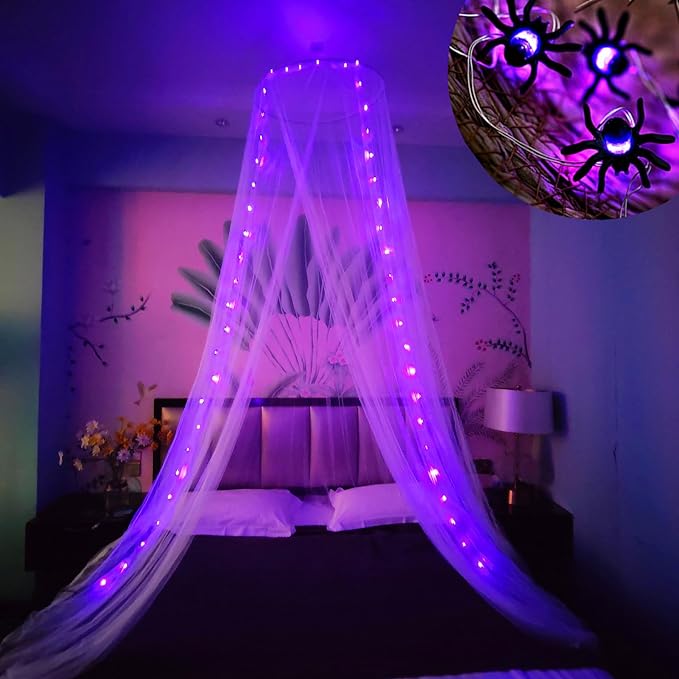 Eimilaly Spider Bed Canopy Mosquito Net with Purple Lights for Halloween Decor - Bed Canopy for Adults, Babies, White/Single Door