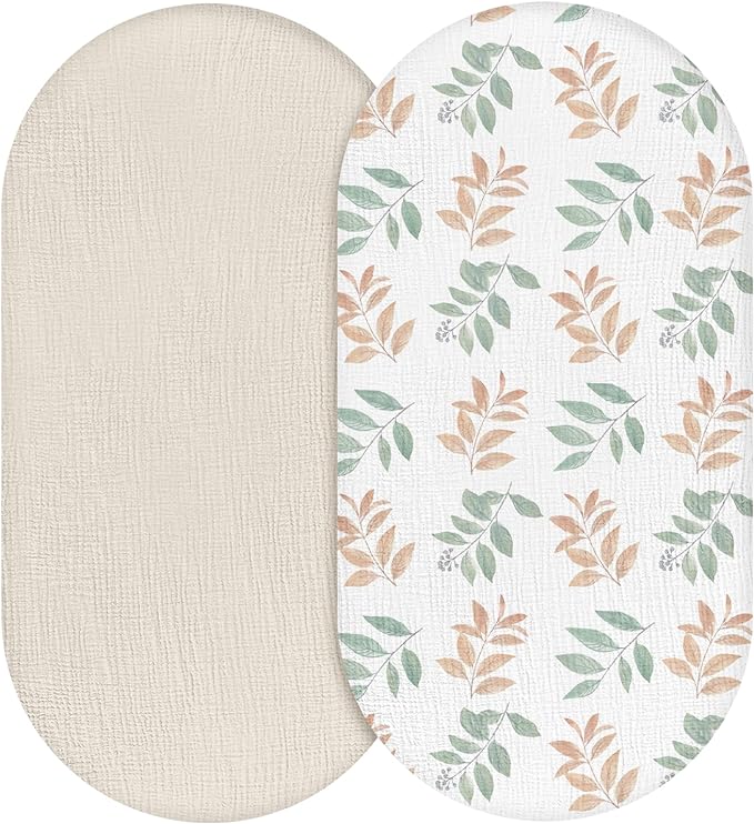 Muslin Bassinet Fitted Sheets, 2 Pack for Baby Boy and Girl, Soft Breathable Baby Pad/Mattress Sheet, Fit for Hourglass Oval and Rectangle Bassinet Mattress (Bright Leaves, Bassinet Sheets 2 Pack)
