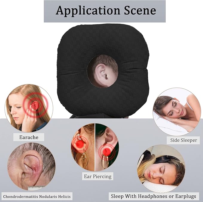 Ear Piercing Pillow for Side Sleepers, Pillow with an Ear Hole for CNH and Ear Pain Ear Inflammation Pressure Sores, O-Shaped Side Sleeping Pillow, Ear Guard Pillow(Black)