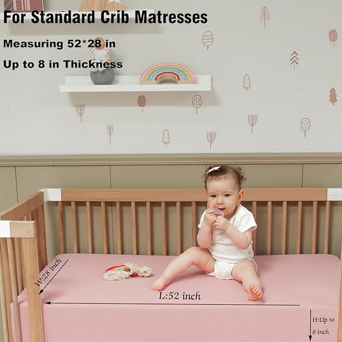 Muslin Crib Sheets Girls Rutiwa 2 Pack Boho Baby Sheets for Crib 100% Cotton Breathable Crib Sheets Toddler Bed Sheets Fit Standard Crib Mattress 28"x52"(Light Pink/Beige)