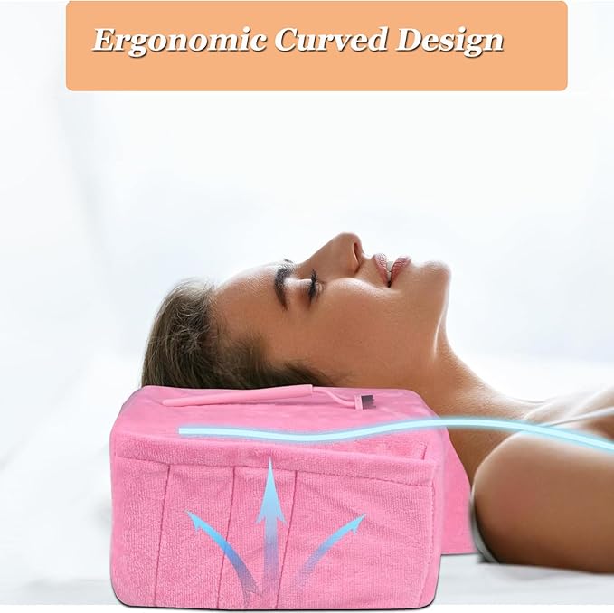 Salon Eyelash Extension Neck Pillow Memory Foam Lash Pillow with Neck and Back Support,Ergonomic lash Bed Pillow with Velvet Pillowcase Beauty Lash Pillow for Lash Extensions(Pink)