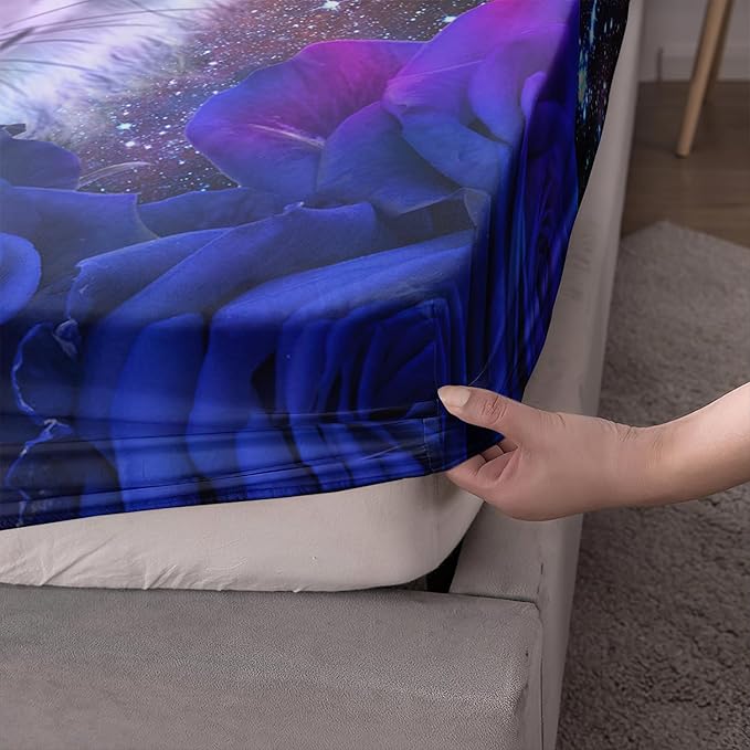 AILONEN Wolf Print Fitted Sheet Set Twin XL Size, Moon Galaxy Wolf Bed Sheet Set TwinXL,3 Pieces TwinXL Romantic Blue Rose Wolf Fitted Sheet with 2 Pillowcases