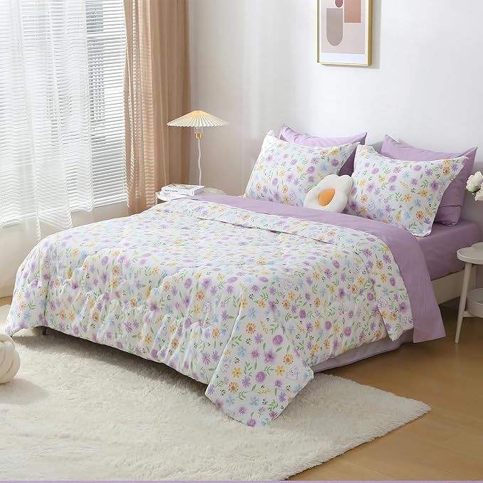 Wajade Floral Comforter Set Bed in A Bag Twin Size 7 Piece Purple Flower Green Leaves Rabbits Bedding Set for Girls (1 Comforter, 1 Flat Sheet, 1 Fitted Sheet, 2 Pillowcase and 2 Pillow Sham)
