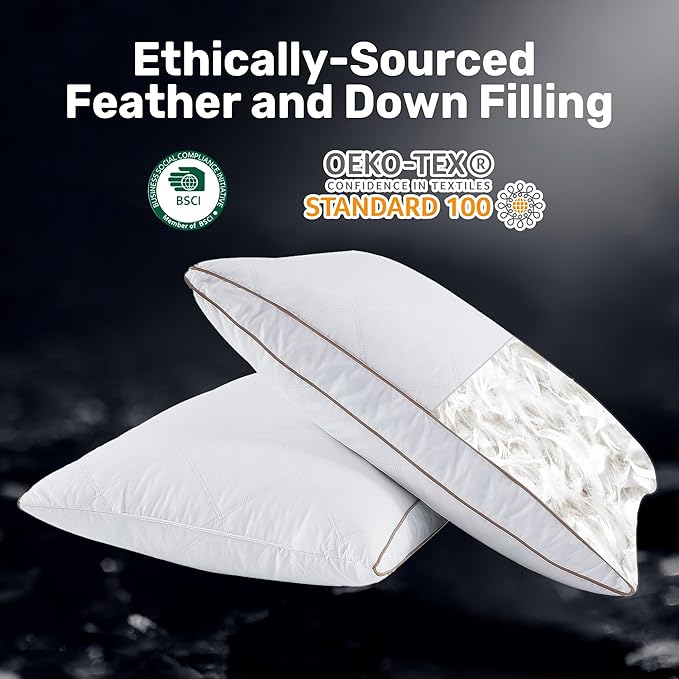 UNIKOME Goose Feather and Down Pillows,Oval Gusseted Feather Down Pillow for Sleeping, 100% Cotton Pillow Cover, Standard Size, Set of 2