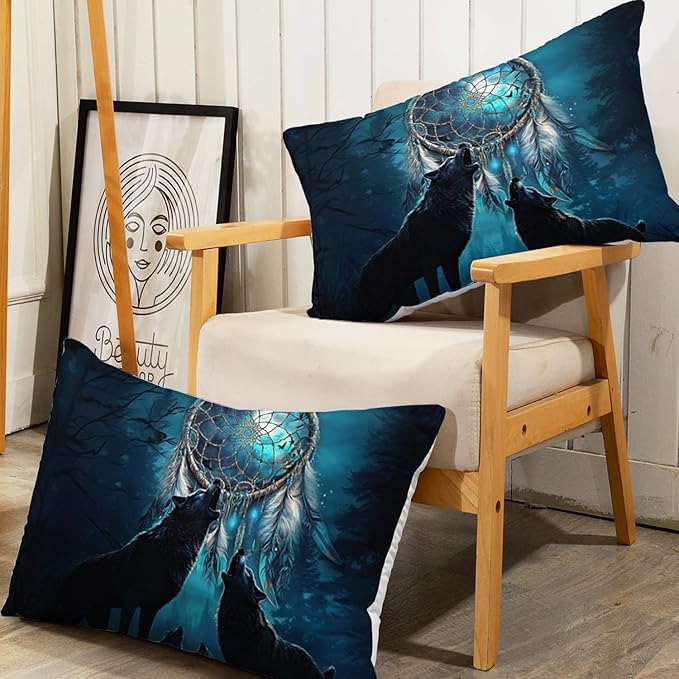 AILONEN Howling Wolf Fitted Sheet Set Full Size, 3 Pieces Teen Boys Bedding Set Safari Animal Themed Sheet Set,Dreamcatcher Bed Sheet Set Evening Forest Wolf Fitted Sheet with 2 Pillowcases