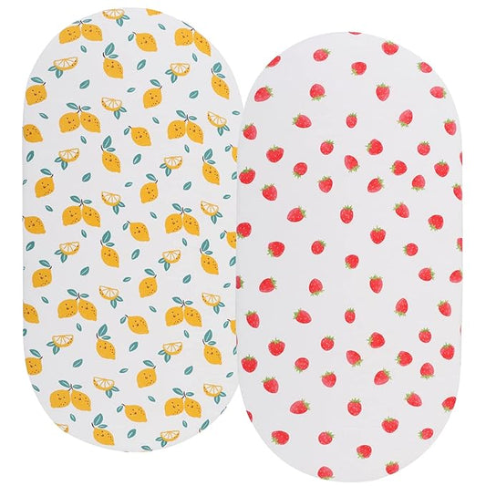 Bassinet Sheets Compatible with UPPAbaby Bassinet, 2 Pack Fitted Sheets, 100% Jersey Knit Cotton 190GSM, Ultra Soft Breathable, Lemon and Strawberry