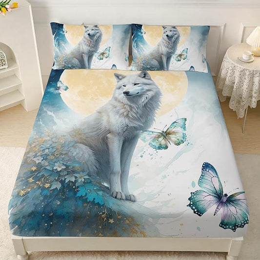 AILONEN Wolf Fitted Sheet Set Twin XL Size, Blue Tie Dye Wolf Bed Sheet Set Decor,3 Pieces Moon Wolf Sheet Set,Modern Watercolor Wolf and Butterfly Fitted Sheet with 2 Pillowcases
