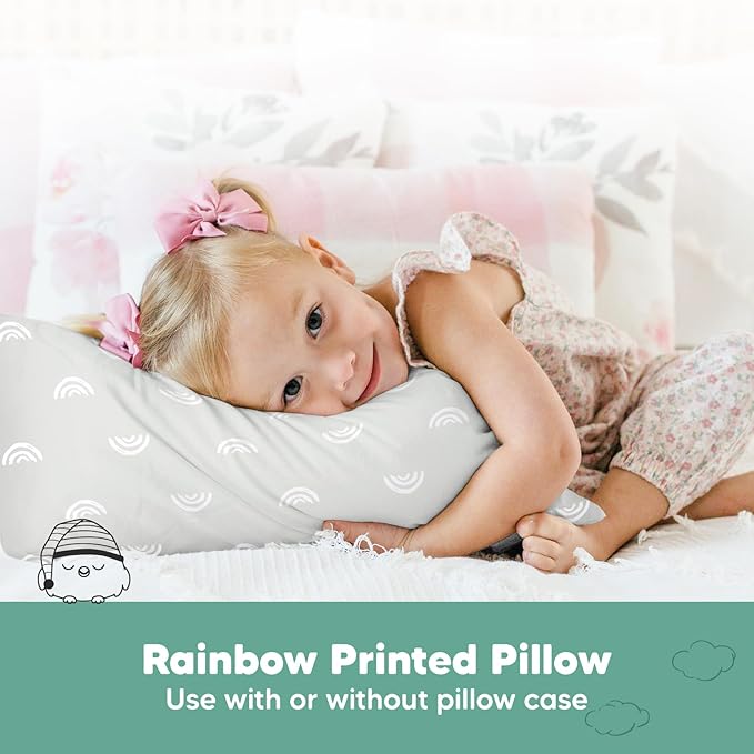 KeaBabies Toddler Pillow - Soft Organic Cotton Toddler Pillows for Sleeping, 13X18 Small Pillow for Kids, Kids Pillows for Sleeping, Kids Pillow for Travel, School, Nap, Age 2 to 5 (Gray Rainbow)
