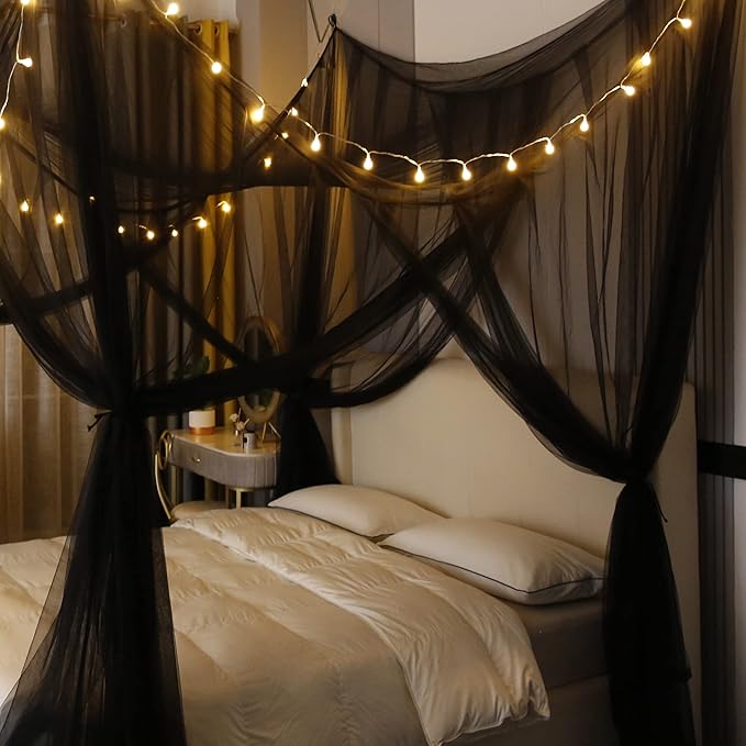 Mengersi Canopy Bed Curtains with Lights,Elegant Bed Canopy Bed Curtains Bed Netting for Single Twin Size Bed,Goth Room Decor