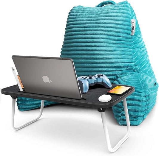 Nestl Reading Pillow with Portable Lap Desk Stand for Laptop 22x14”, Cut Plush Striped Back Pillow, Back Support Pillow, Shredded Memory Foam Bed Rest Pillow with Arms for Kids & Teens, Medium - Teal