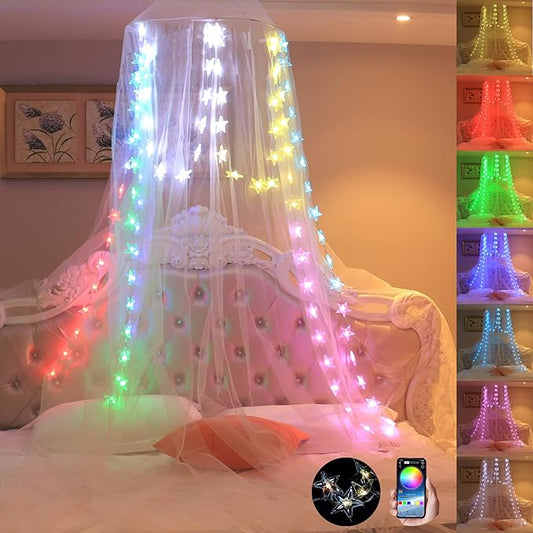 Comtelek Bed Canopy with Lights,Canopy Bed Curtain with RGB Music Sync Color Changing LED Star Lights with App Remote Mosquito Net for Princess Girls Bedroom,Dome Canopy for Twin,Queen,King Size Bed