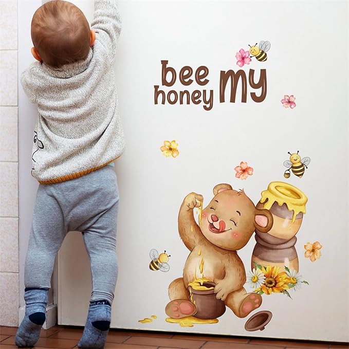 Cute Bear Bees Honey Jar Wall Stickers, sacinora Sunflower Cartoon Animal Bee My Honey Wall Decals Removable Vinyl Peel and Stick for Kids Baby Nursery Bedroom Kitchen Art Decoration