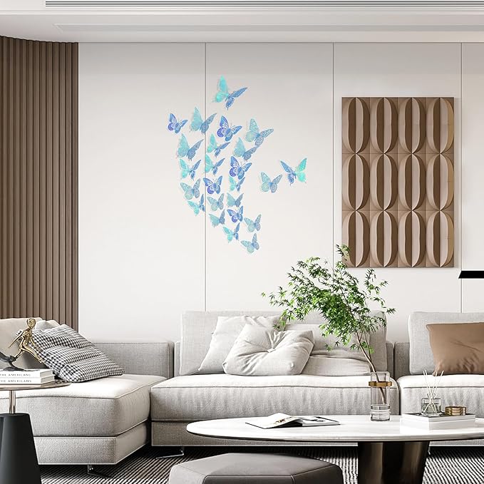 SAOROPEB 3D Butterfly Wall Decor 48 Pcs 4 Styles 3 Sizes, Butterfly Decorations for Butterfly Birthday Decorations Butterfly Party Decorations Cake Decorations, Removable Stickers (Laser Blue)