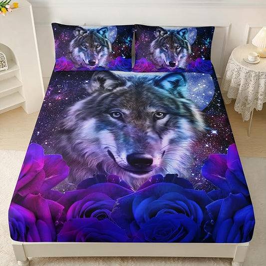 AILONEN Wolf Print Fitted Sheet Set Queen Size, Moon Galaxy Wolf Bed Sheet Set Queen,3 Pieces Queen Romantic Blue Rose Wolf Fitted Sheet with 2 Pillowcases