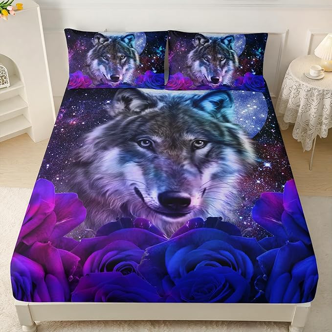 AILONEN Wolf Print Fitted Sheet Set Twin XL Size, Moon Galaxy Wolf Bed Sheet Set TwinXL,3 Pieces TwinXL Romantic Blue Rose Wolf Fitted Sheet with 2 Pillowcases