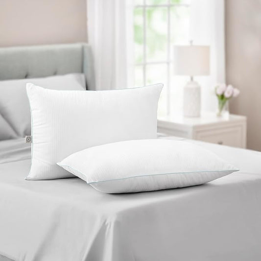 MARTHA STEWART Down Alternative Pillows Queen Size Set Of 2, Plush Cooling Pillow for Back, Stomach or Side Sleepers, Memory Foam-Like Fiber Fill, Dobby Stripe, 20" x 28", White