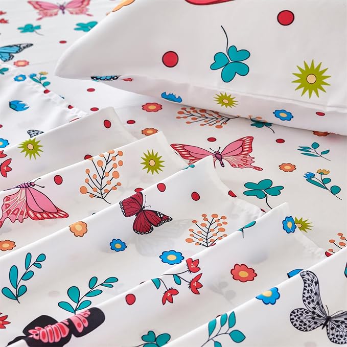 RYNGHIPY Girls Bed Sheets Twin: Butterfly Sheets Set for Girls Kids Bedsheets Deep Pocket 100% Microfiber Print Sheet Pillowcase Sets (Multicolor,Twin)