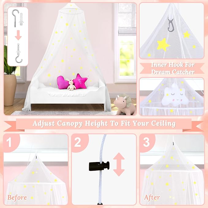 South to East Bed Canopy with Fluorescent Stars Glow in Dark for Kids, Girls Or Adults, Starry Night Bed Canopy Fit Kid Beds, Girls Beds, Twin Or Full Size Beds, Fire Retardant Fabric