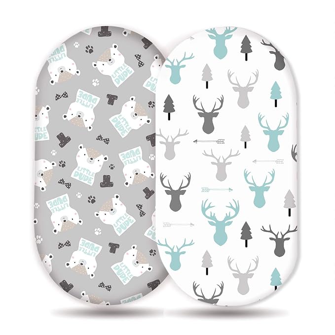 Stretch Ultra Soft Fitted Bassinet Sheet Set 2 Pack, Universal Cradle Sheet Set for Rectangle, Oval, or Hourglass Bassinet Pad/Mattress, Grey Bear Bassinet Sheets for Girls and Boys