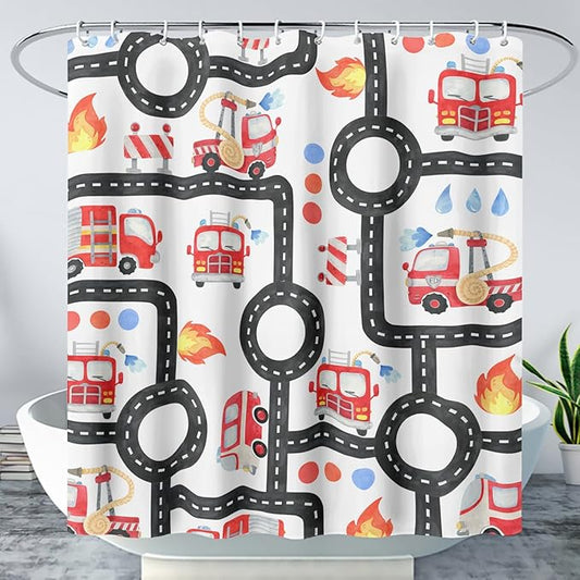 AILONEN Fire Truck Shower Curtain for Boys Bathroom Decor,Firemen Truck Bath Curtain,Construction Truck Printed Kids Curtain,Waterproof with 12 Plastic Hooks, 48" W x 72" H