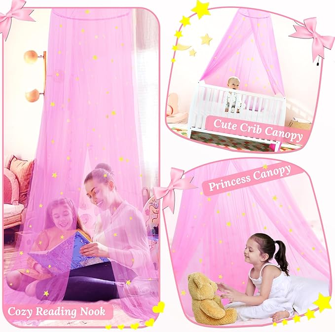 South to East Princess Bed Canopy for Girls with Glowing Stars, Pink Canopy for Girls Room, Bed Canopy Curtains from Ceiling for Twin Beds, Full Size Beds, Ideal Gift for Girls, Fire Retardant Fabric