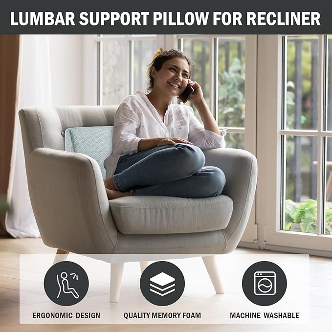 MABOZOO Memory Foam Back Support Cushion for Recliner Chair,Lumbar Support Pillow for Elderly,Extra Large Lumbar Support Pillow with Extension Straps,Light Grey