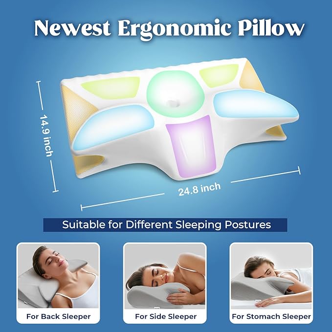 Cervical Pillow for Neck Pain Relief, Cooling Contour Memory Foam Pillows Support Odorless Ergonomic Neck Pillow Adjustable Orthopedic Bed Pillow for Side Back Stomach Sleeper with Pillowcase Grey