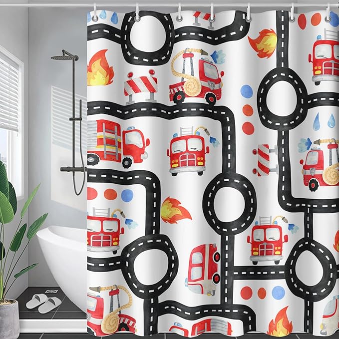 AILONEN Fire Truck Shower Curtain for Boys Bathroom Decor,Firemen Truck Bath Curtain,Construction Truck Printed Kids Curtain,Waterproof with 12 Plastic Hooks, 48" W x 72" H