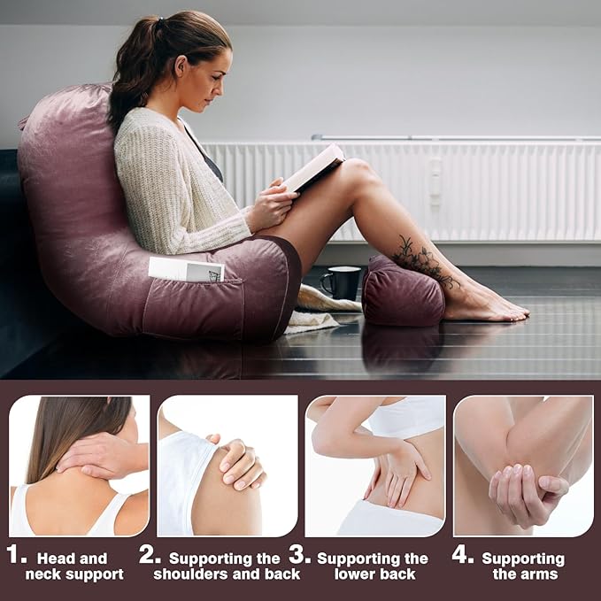 Reading Pillow Adults 31’’, Backrest Pillow with Arms for Sitting in Bed Couch Shredded Memory Foam, Back Pillow with Leg Pillow and Pockets for Reading/Gaming/Relaxing