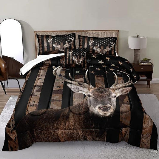 Bedbay Hunting Deer Bedding Comforter Sets King Size American Flag Camo Bedding Room Decor for Men Adults Boys Camouflage Quilt Set Stars Stripes USA Flag Down Alternative Comforter 4 Pcs(Deer,King)