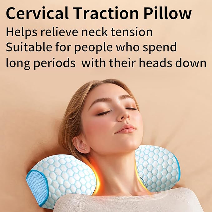 Cervical Neck Pillow: Designed to help alleviate neck discomfort. This neck pillow for sleeping can be used as a cervical traction device, for neck support and shoulder relaxation.. (Blue White)