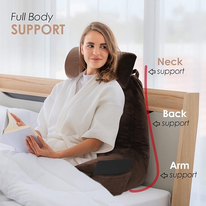Nestl Reading Pillow Large Bed Pillow, Back Pillow for Sitting in Bed Memory Foam Chair Pillow, Reading & Bed Rest Pillows Chocolate Brown Back Pillow for Bed, Bed Chair Arm Pillow with Pockets