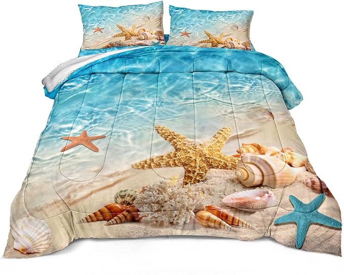 Bedbay Beach Theme Comforter Set King Size Coastal Bedding Set 4 Pcs Starfish Shell Conch Sea Life Printed Ocean Comforter Set King Bedding Set Beach Themed Room Decor (Aqua,King)