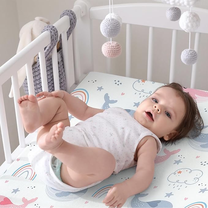 Pack n Play Fitted Sheet .2 Piece Mini Crib Sheet. Stretch Playard Sheet Portable Sheet Set. Elastic Convertible Playard Pad. Compatible with Graco Pack n Play (Rainbow Whale & Elephant)