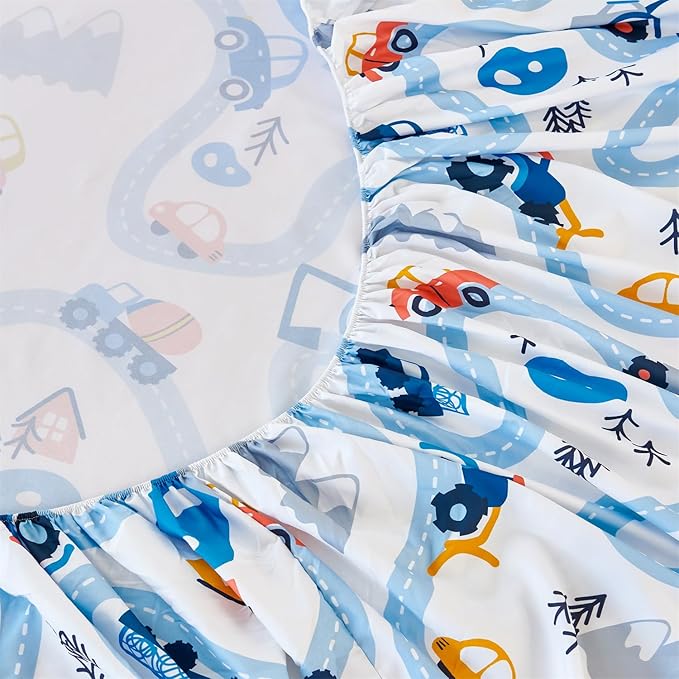 RYNGHIPY Kids Full Bed Sheets: Cars Print Sheets Set for Boys - Breathable Wrinkle Free Microfiber Flat Sheet Fitted Sheet and Pillowcases (White,Full)