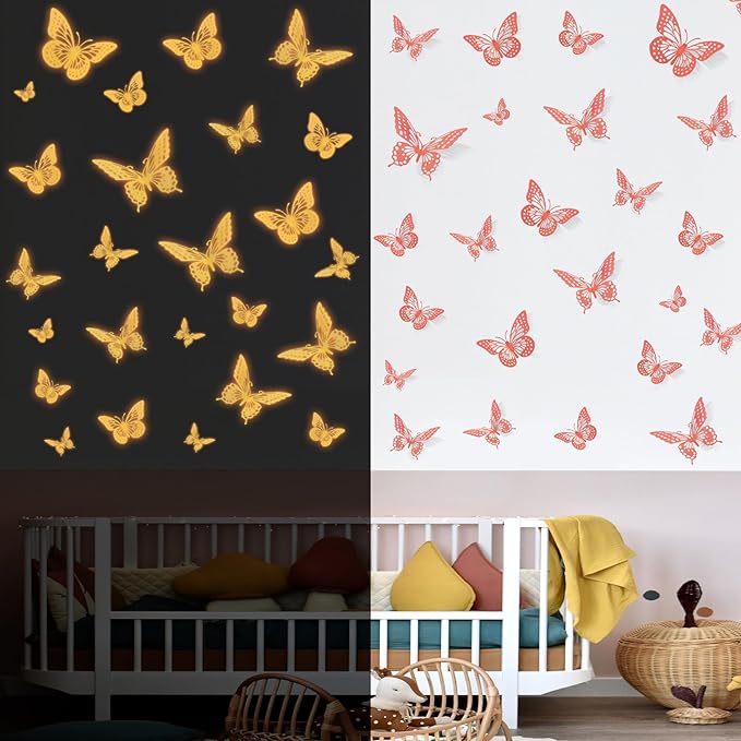 SAOROPEB Glow in The Dark 3D Butterfly 24 Pcs 3 Sizes, Luminous Butterfly Stickers for Ceiling or Wall, Glow in The Dark Party Supplies, Removable Luminous Stickers for Kids Babys Nursery (Orange)