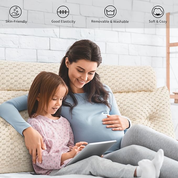 Wedge Headboard Pillow - Bed Wedge Pillow for Headboard Triangular Headboard Pillow with Neck Roll Pillow-Large Bolster Pillow for Sitting in Bed Backrest Positioning Support (Beige,76x8x20 Inches)