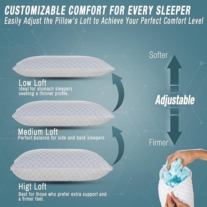 Cooling Shredded Memory Foam Pillow for Travel and Camping – Adjustable Gel for Personalized Support – Double-Sided Ice Silk & Soft Rayon – Lightweight, Compressible