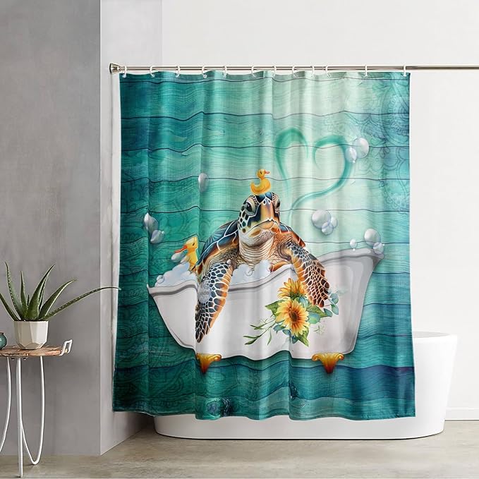 AILONEN Cute Sea Turtle Shower Curtain Set for Bathroom,Cartoon Funny Bathtub Turtle Bath Curtain,Sunflower Theme Waterproof Fabric Shower Curtain with Hooks,72" W*72" H