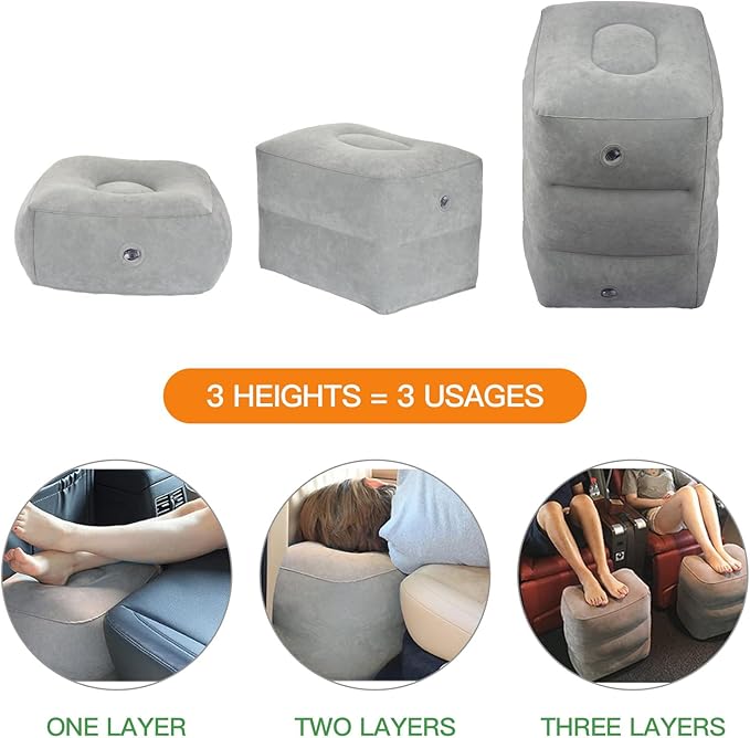 Inflatable Foot Rest Airplane - Adjustable Air Travel Bed for Kids with Pump - Plane Leg Rest Pillow for Adults - Perfect for Long Flights, Cars, Trains, and Home - Light Gray, 1 Pack