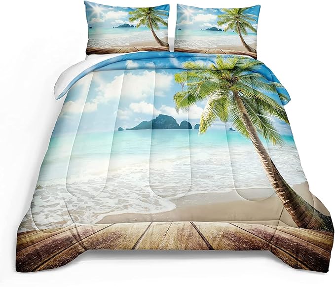 Bedbay Beach Comforter Set California King Ocean Themed Bedding Comforter Tropical Palm Tree Sunny Beach Coastal Bedding Set 4 Pieces for All Season(104" Wx96 L)