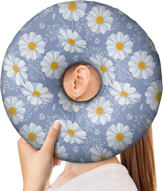 Ear Piercing Pillow for Side Sleepers with Ear Hole,Donut-Shaped Pillow, A Soft Pillow Suitable for All Individuals, Daisy