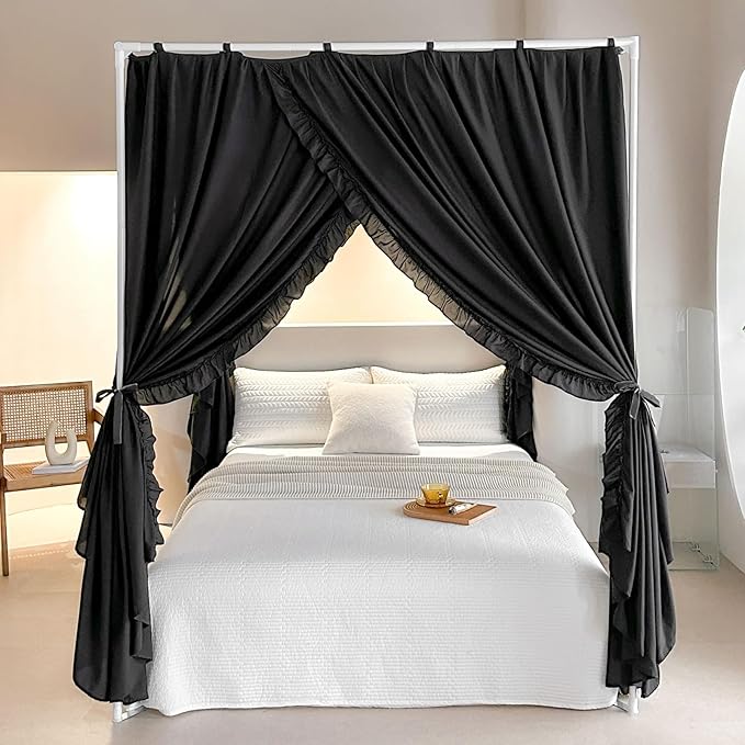 AIKASY Princess Canopy Bed Curtains with Top Ties - Windproof & Lightproof for Girls' Adult Bedroom Decor | Bed Canopy Drapes (Full,Black)