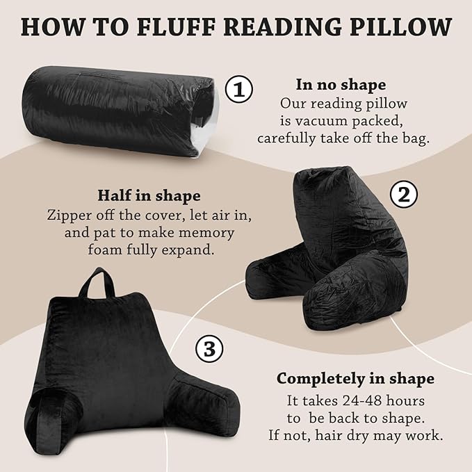 LOVTEX Reading Pillow with Removable Cover, Back Pillow for Sitting Up in Bed with Arms and Pockets, Bed Rest Pillow Adult, 20 x 15 Inches(Black)