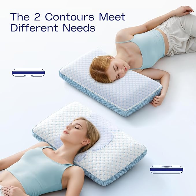 Memory Foam Soft Pillows for Sleeping - Cooling Bed Pillows for Hot Sleepers with Machine Washable Pillowcase - Ergonomic Memory Foam Pillow for Back Side Stomach Sleepers (Blue)