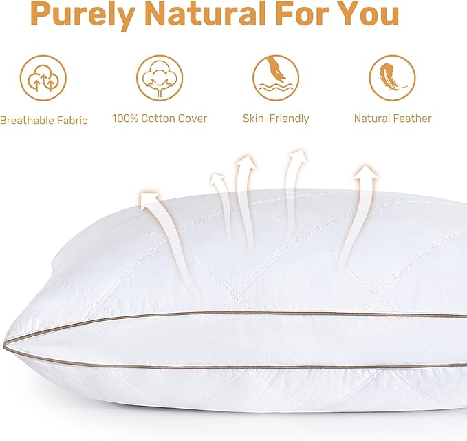 UNIKOME Natural Goose Feathers and Down Pillow - Standard Size Set of 2, Medium Firm Pillow with 100% Cotton Cover,Gussted & Quilting Design Hotel Collection Bed Pillows for Back,Stomach,Side Sleeping