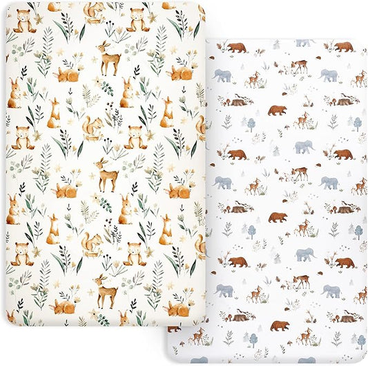PHF Soft Mini Crib Sheet Set, 2 Pack Silky Comfy Pack N Play Sheets for Boys Girls, Universal Fit for Pack N Play, Playard and Mini Crib Mattresses, Woodland