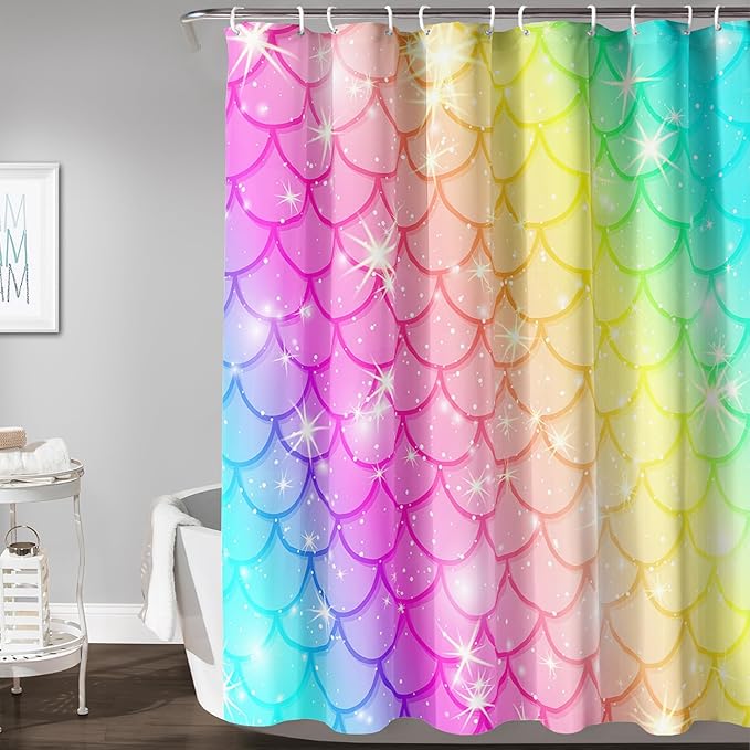 AILONEN Mermaid Scale Shower Curtain,Rainbow Mermaid Scale Bath Curtain Gifts for Girls,Polyester Waterproof for Bathroom with 12 Plastic Hooks 36" W*72" H