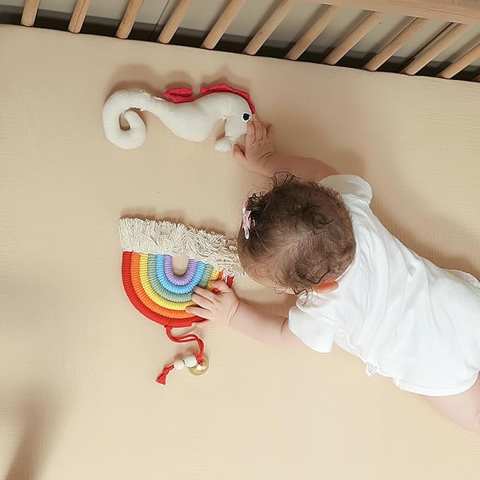 Muslin Crib Sheets for Boys Girls Rutiwa Organic Cotton Crib Sheets Neutral 2 Pack Breathable Baby Mattress Sheets Fit Standard Crib & Toddler Bed Mattress 28"x52"(Denim Blue/New Camel)