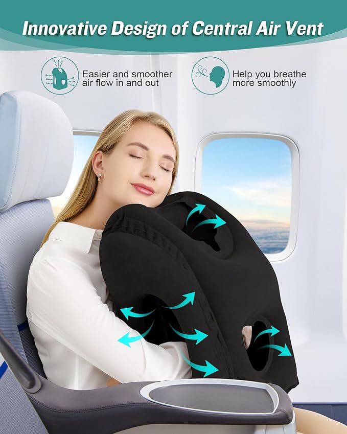 JefDiee Inflatable Travel Pillow, Airplane Neck Pillow Comfortably Supports Head and Chin for Airplanes, Trains, Cars Office Napping on The Tray Table (Black)